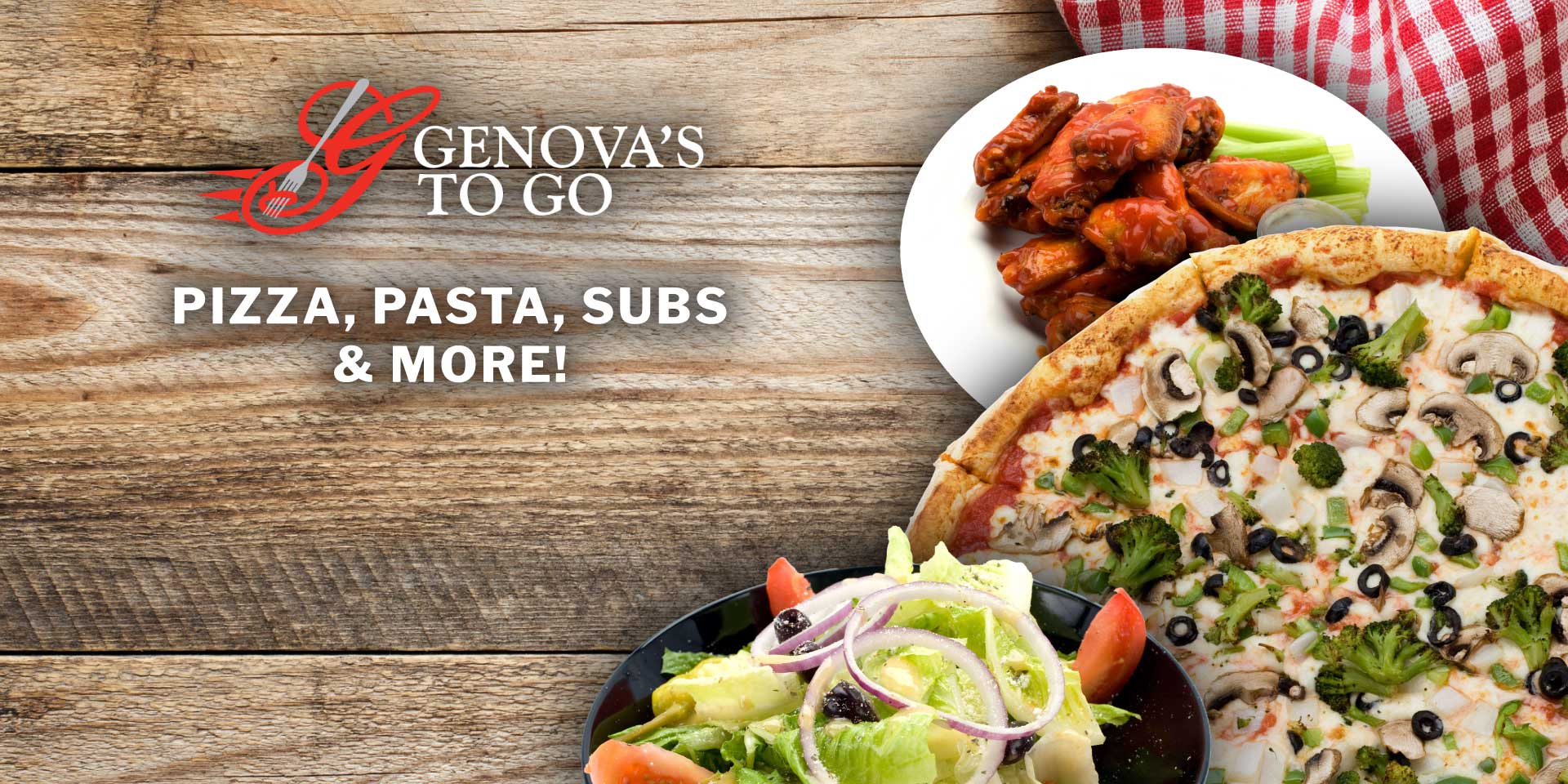 Pizza, Subs, and More website banner with Genova's To Go.