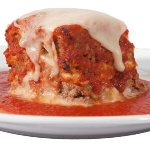 A Genova's To Go savory meatloaf topped with melted mozzarella served on a white plate surrounded by our original tomato sauce.