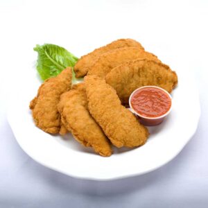 Fried chicken tenders from Genova's To Go served with a side of ketchup. A delicious and satisfying meal!