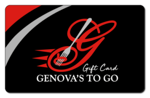 A black, gray, and red accented Genova's To Go gift card to enjoy the popular Italian restaurant favorites.