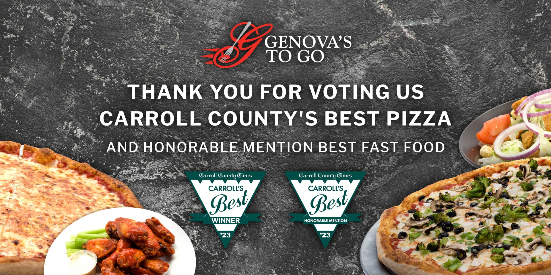 Thank You For Voting Us Carroll County's Best Pizza Banner.