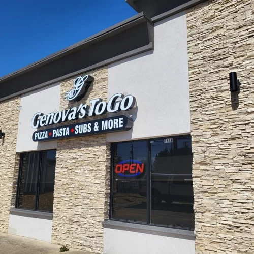 The front structure of Genova's To Go in Eldersburg, presenting a welcoming and distinctive facade that invites patrons to explore its offerings.