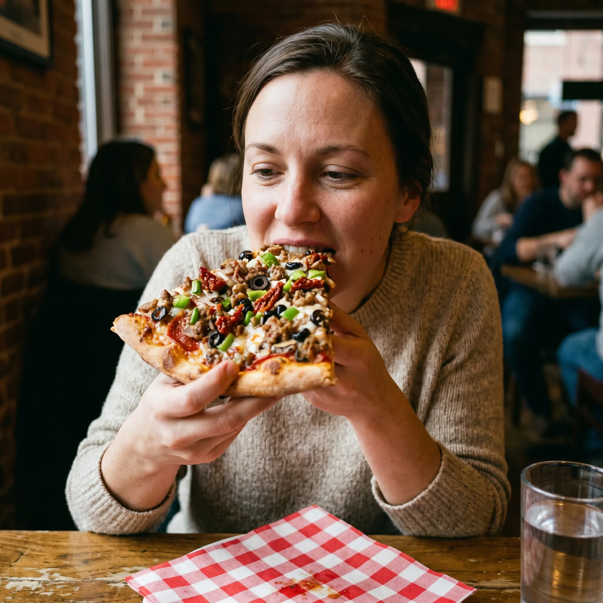 A woman enjoying a fresh, cheesy slice of Genova’s To Go pizza.
